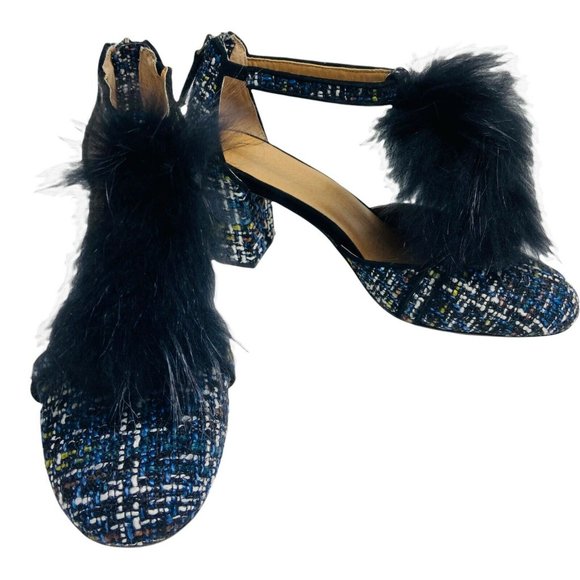 Anthropologie Bettye Muller women 9 Blue T strap Tweed Block Heel Pumps - Picture 5 of 9